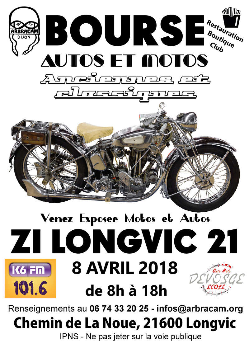 La bourse motos autos anciennes Longvic est organisée par Arbracam, déballage pour les exposants à partir de 6h face au CFA de La Noue - Agenda auto moto de Daniela DAUDE artiste mobilier avec pièces auto moto